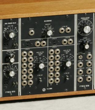 Moog modular synthesizer: detail of the plug board, 1973. 